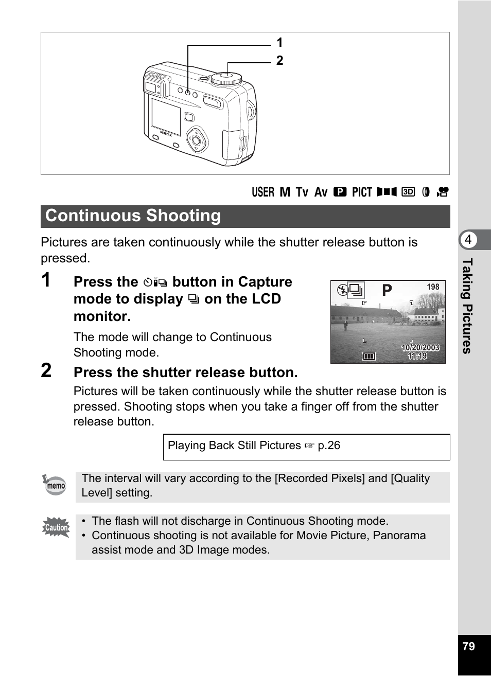 Continuous shooting, P.79, Press the | Button in capture mode to display, On the lcd monitor, Press the shutter release button | Pentax Optio 555 User Manual | Page 81 / 144