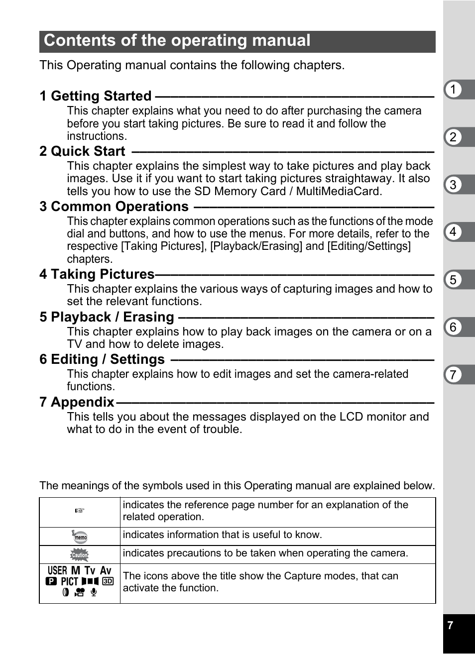 Contents of the operating manual, 1 getting started, 2 quick start | 3 common operations, 4 taking pictures, 5 playback / erasing, 6 editing / settings, 7 appendix | Pentax Optio 555 User Manual | Page 9 / 144