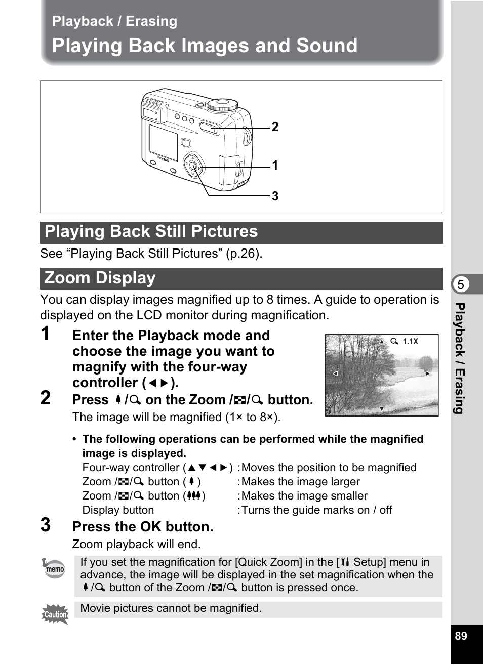 Playback / erasing, Playing back images and sound, Playing back still pictures | Zoom display, P.89), P.89, Playing back still pictures zoom display | Pentax Optio 555 User Manual | Page 91 / 144