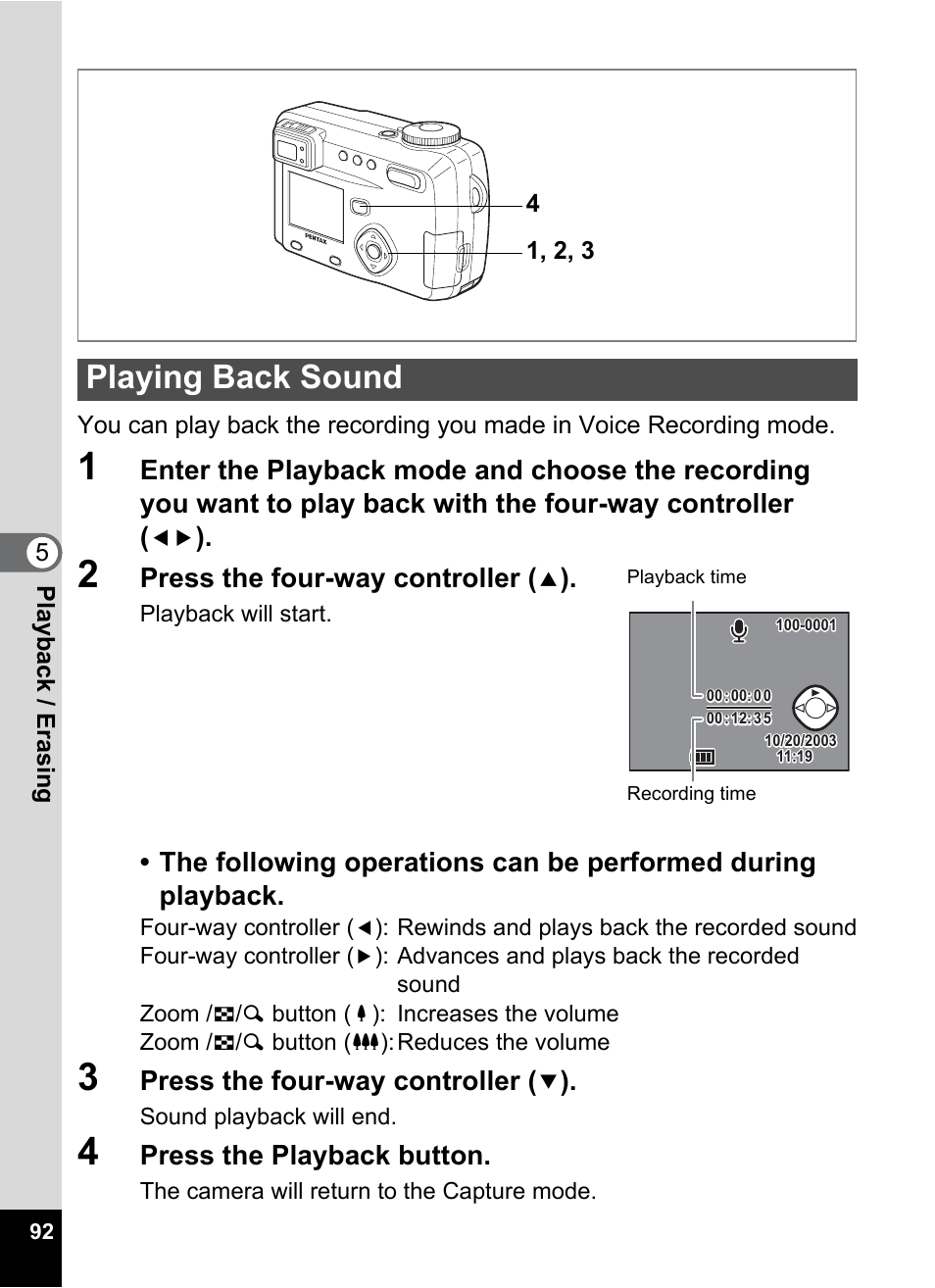 Playing back sound, Press the four-way controller, Press the playback button | Pentax Optio 555 User Manual | Page 94 / 144