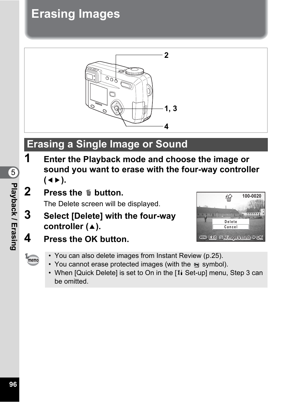 Erasing images, Erasing a single image or sound, P.96) | Erasing images 1, Press the, Button, Select [delete] with the four-way controller, Press the ok button | Pentax Optio 555 User Manual | Page 98 / 144