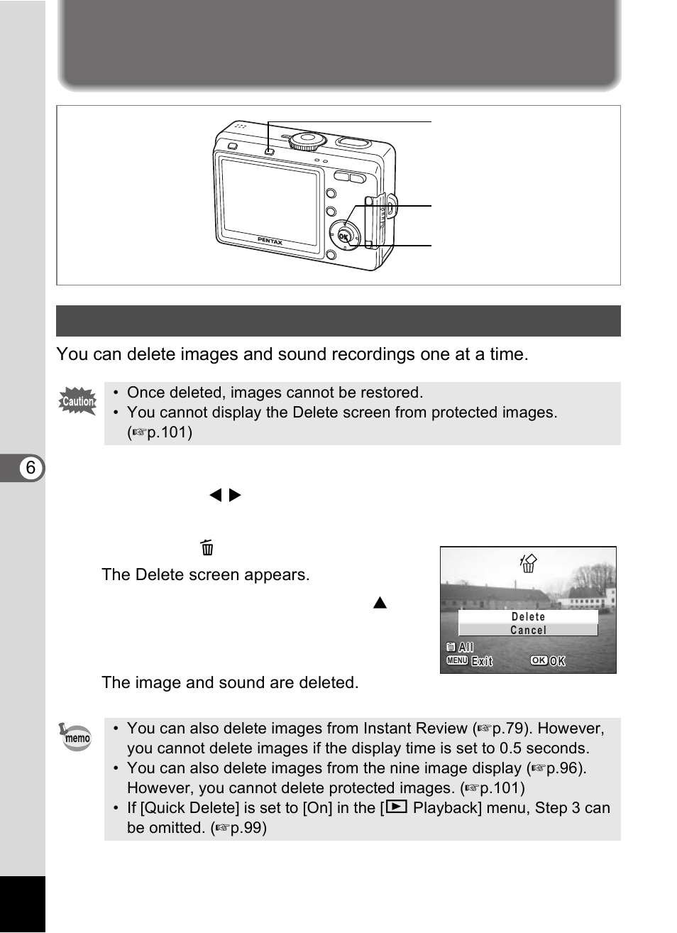 Deleting, Deleting individual images or sounds, Press the i delete button | Press the ok button | Pentax Optio S60 User Manual | Page 100 / 153