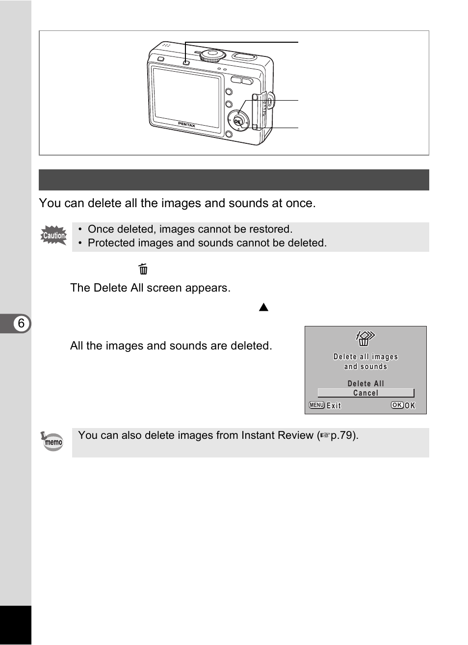 Deleting all images, Press the i delete button twice in playback mode, Press the ok button | Pentax Optio S60 User Manual | Page 102 / 153