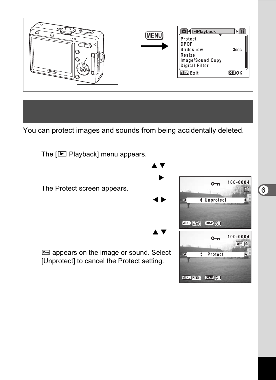 Press the menu button in playback mode, Press the four-way controller ( 5 ) | Pentax Optio S60 User Manual | Page 103 / 153