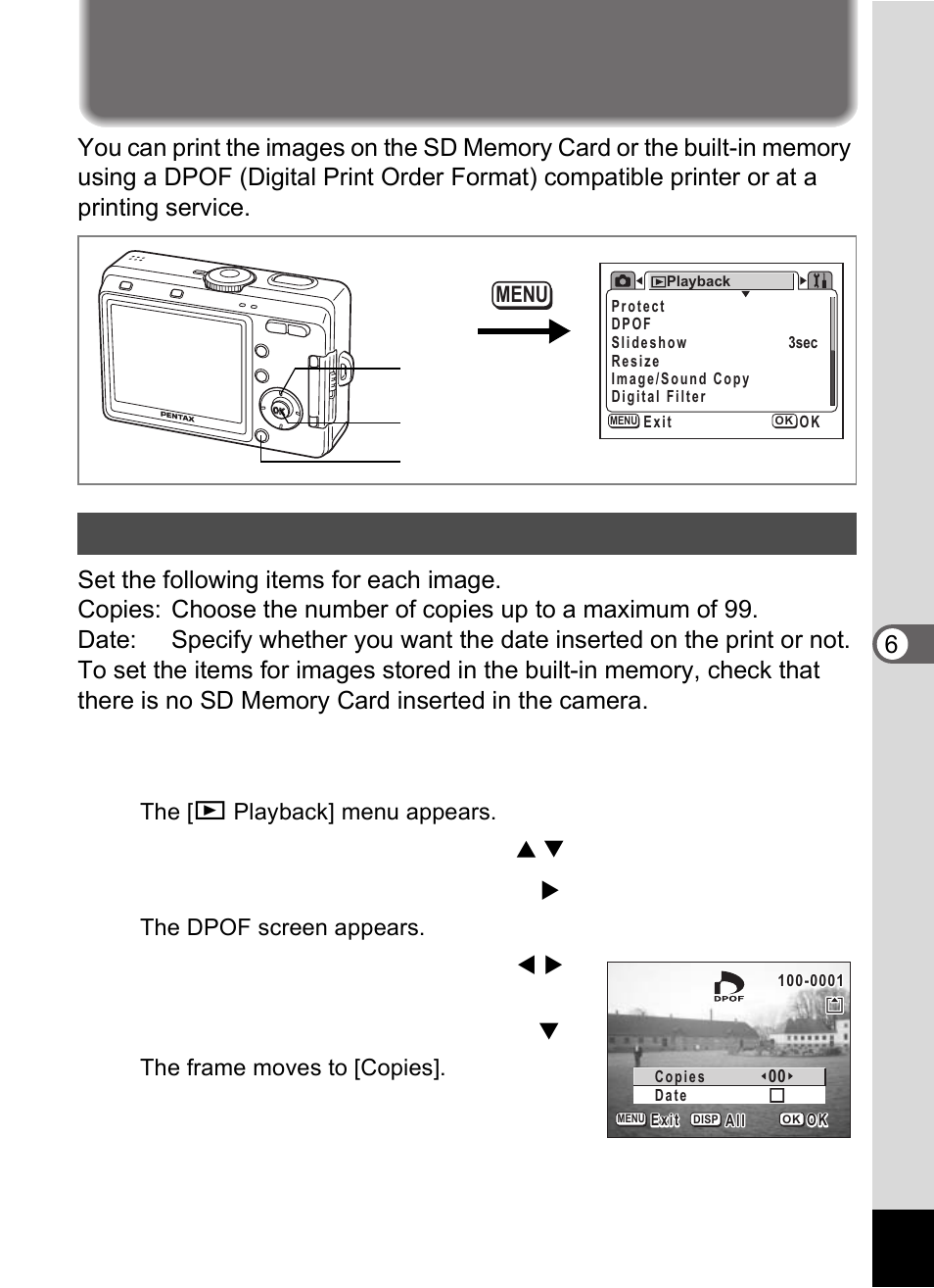 Setting the printing service (dpof), Printing single images, Press the menu button in playback mode | Use the four-way controller ( 23 ) to select [dpof, Press the four-way controller ( 5 ) | Pentax Optio S60 User Manual | Page 107 / 153