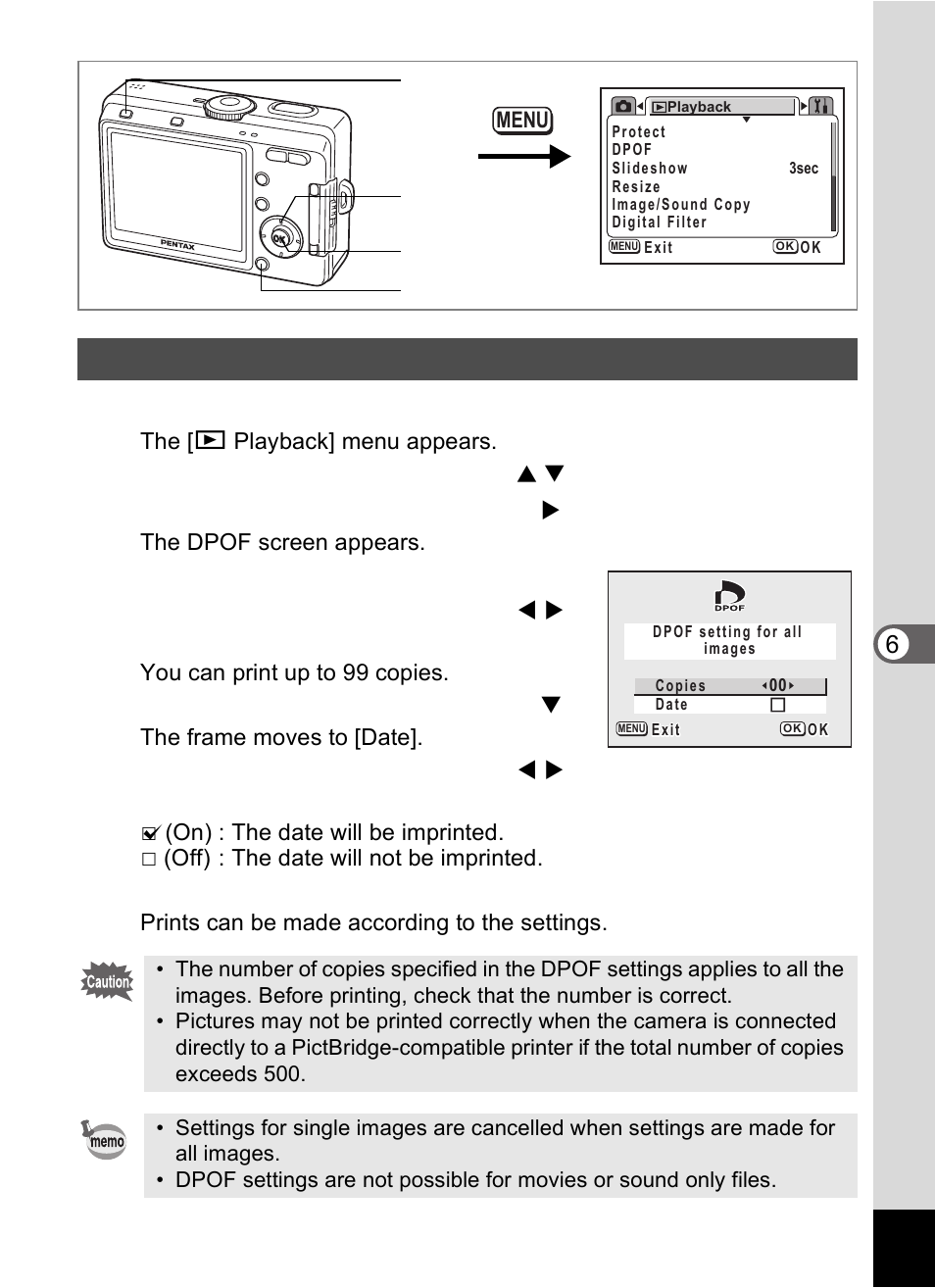 Printing all images, Press the menu button in playback mode, Use the four-way controller ( 23 ) to select [dpof | Press the four-way controller ( 5 ), Press the display button, Press the four-way controller ( 3 ), Press the ok button | Pentax Optio S60 User Manual | Page 109 / 153