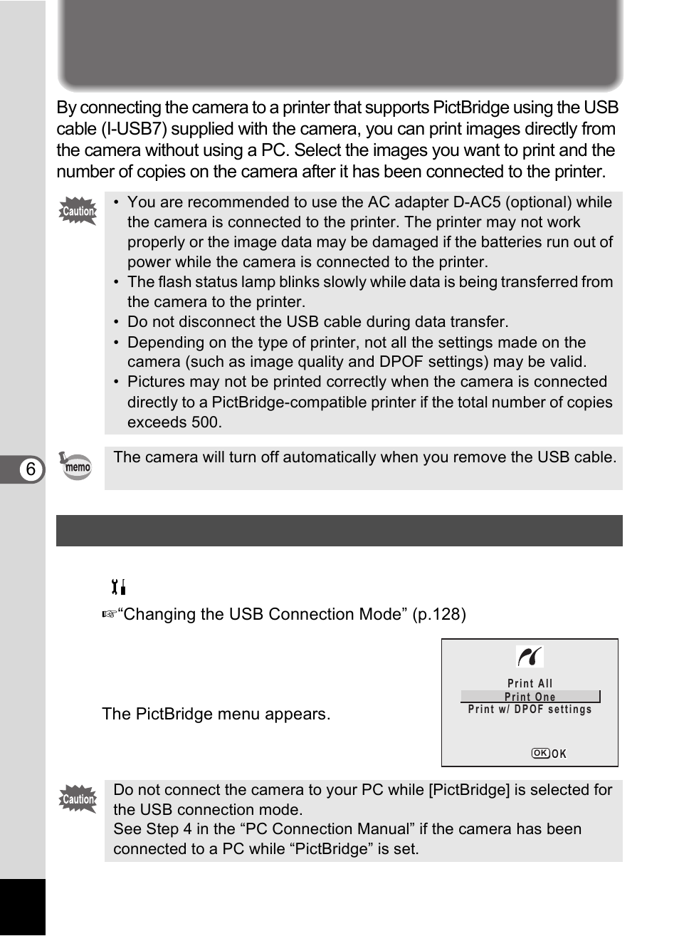 Direct printing using pictbridge, Connecting the camera to the printer | Pentax Optio S60 User Manual | Page 110 / 153