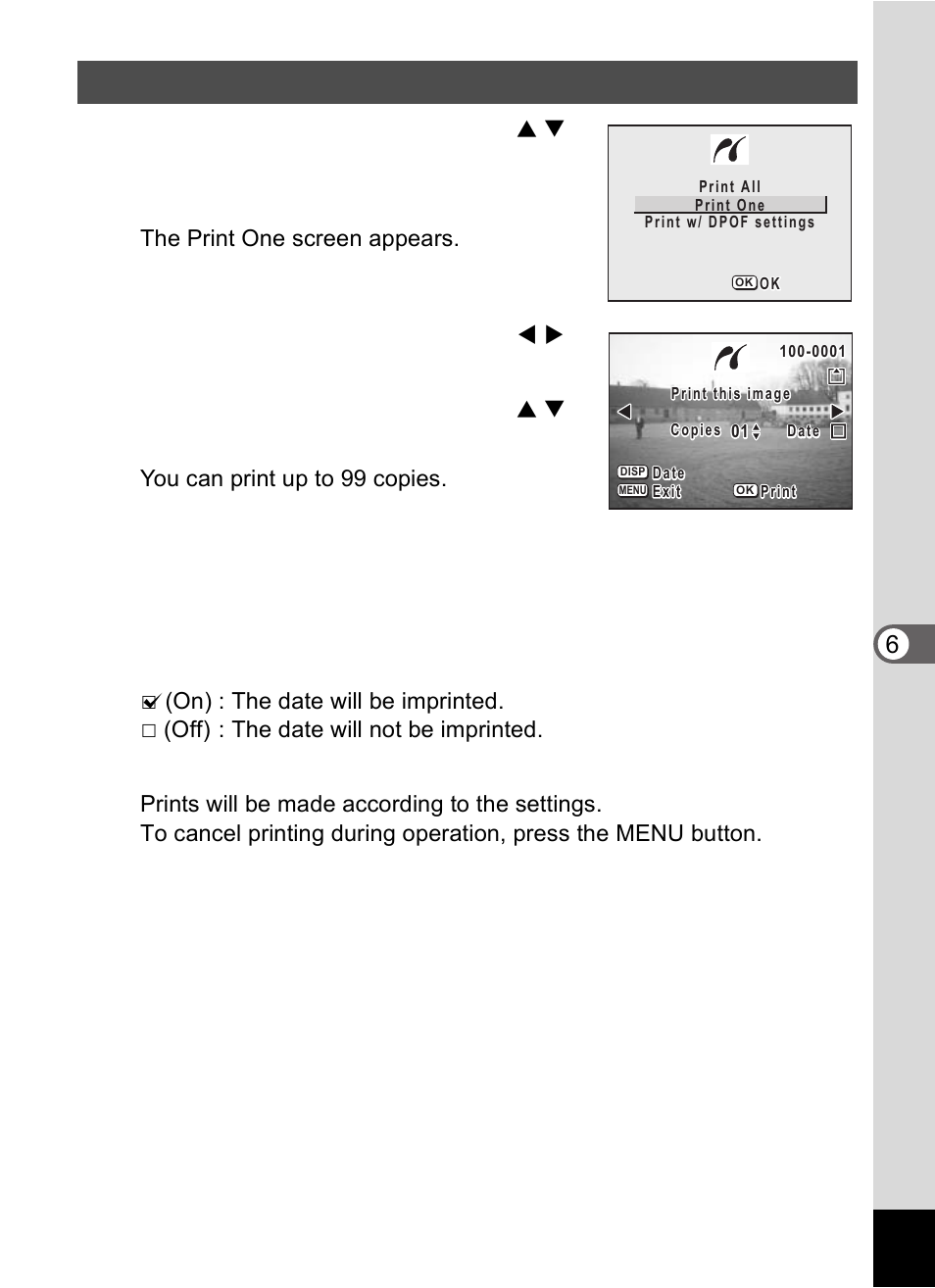 Printing single images, Press the ok button, 6play bac k /d el eting /editi n g | Pentax Optio S60 User Manual | Page 111 / 153