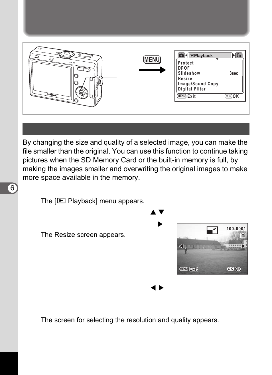 Editing images, Changing the image size and quality, Press the menu button in playback mode | Press the four-way controller ( 5 ), Press the ok button | Pentax Optio S60 User Manual | Page 114 / 153