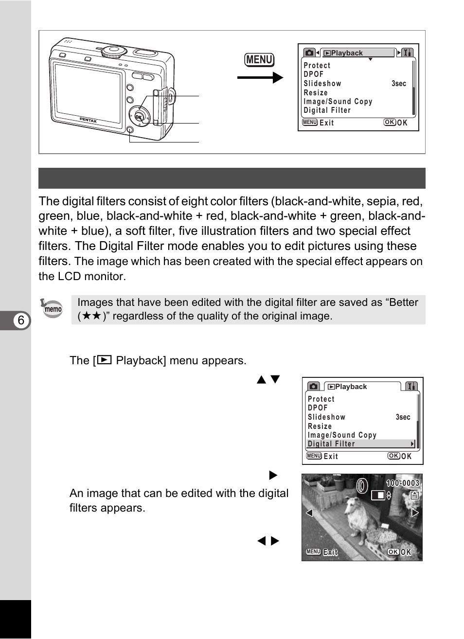 Editing pictures with digital filters, Press the menu button in playback mode, Press the four-way controller ( 5 ) | Pentax Optio S60 User Manual | Page 116 / 153