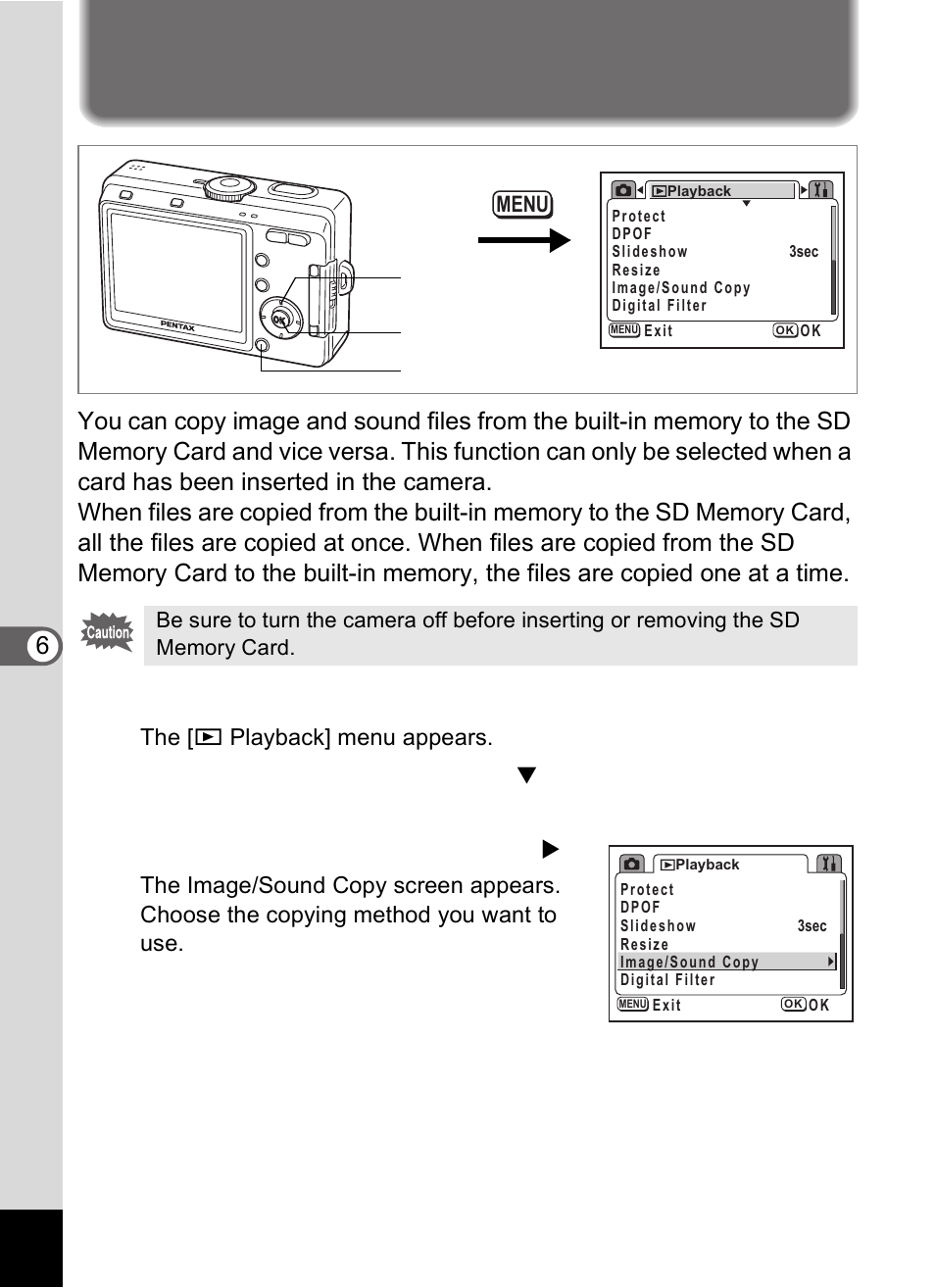 Copying files, Press the menu button in playback mode, Press the four-way controller ( 5 ) | 6play bac k /d el eting /editi n g | Pentax Optio S60 User Manual | Page 118 / 153