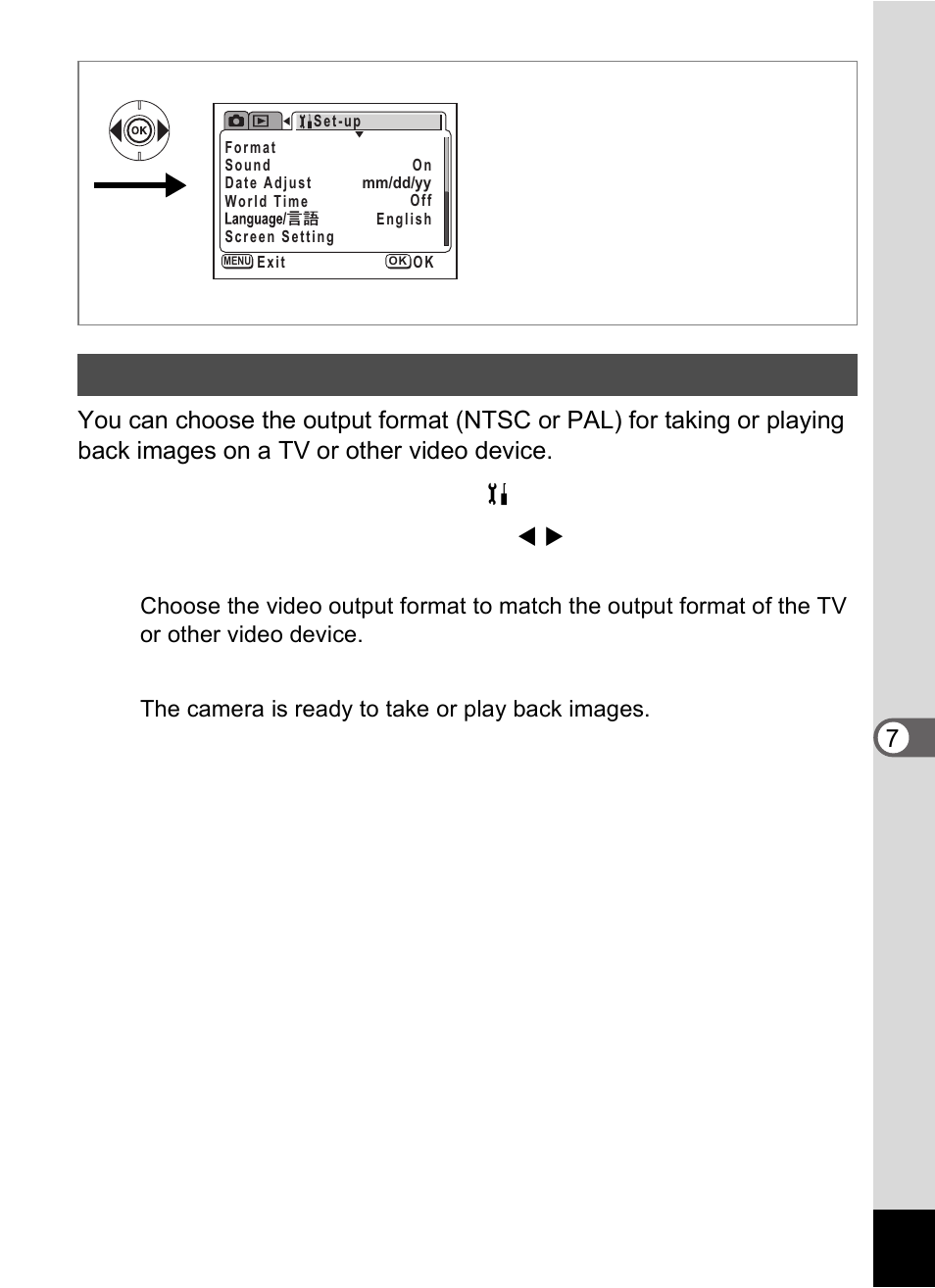 Changing the video output format, Select [video out] on the [ b set-up] menu, Press the ok button | Pentax Optio S60 User Manual | Page 129 / 153