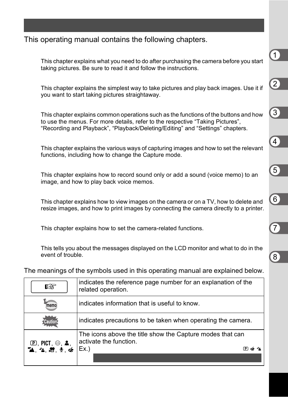 Contents of the operating manual | Pentax Optio S60 User Manual | Page 13 / 153