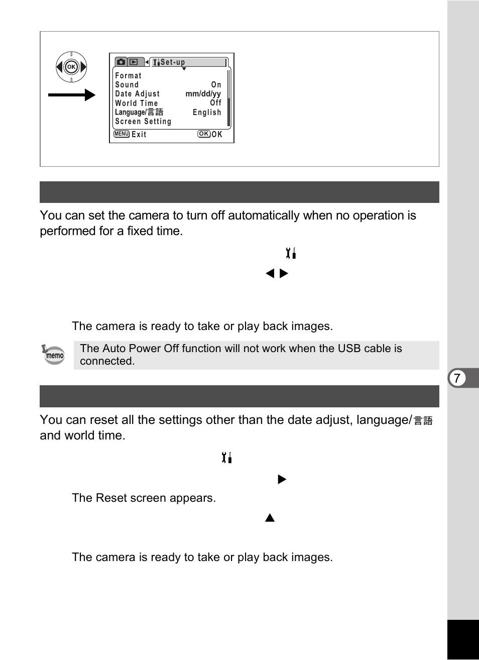 Setting auto power off, Resetting to default settings (reset) | Pentax Optio S60 User Manual | Page 131 / 153