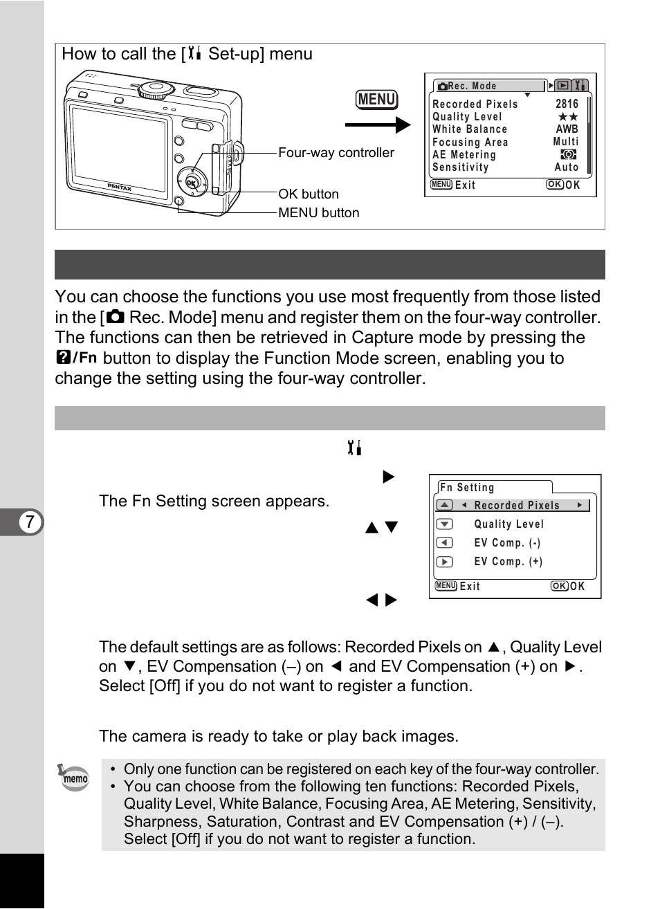 Registering functions, Select [fn setting] on the [ b set-up] menu, Press the four-way controller ( 5 ) | Press the ok button twice, Registering a function, How to call the [b set-up] menu | Pentax Optio S60 User Manual | Page 132 / 153