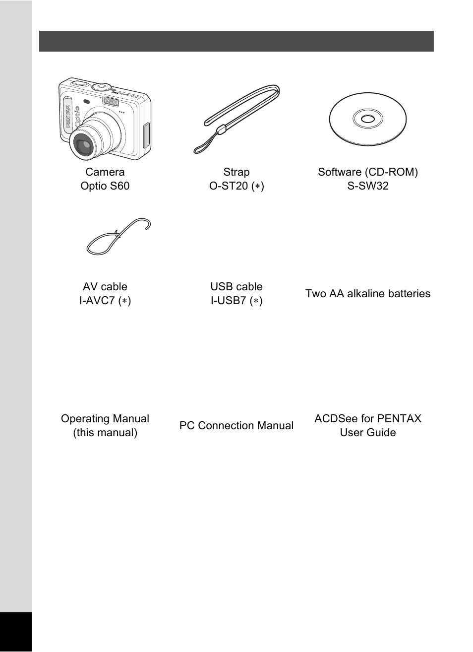 Checking the contents of the package | Pentax Optio S60 User Manual | Page 14 / 153