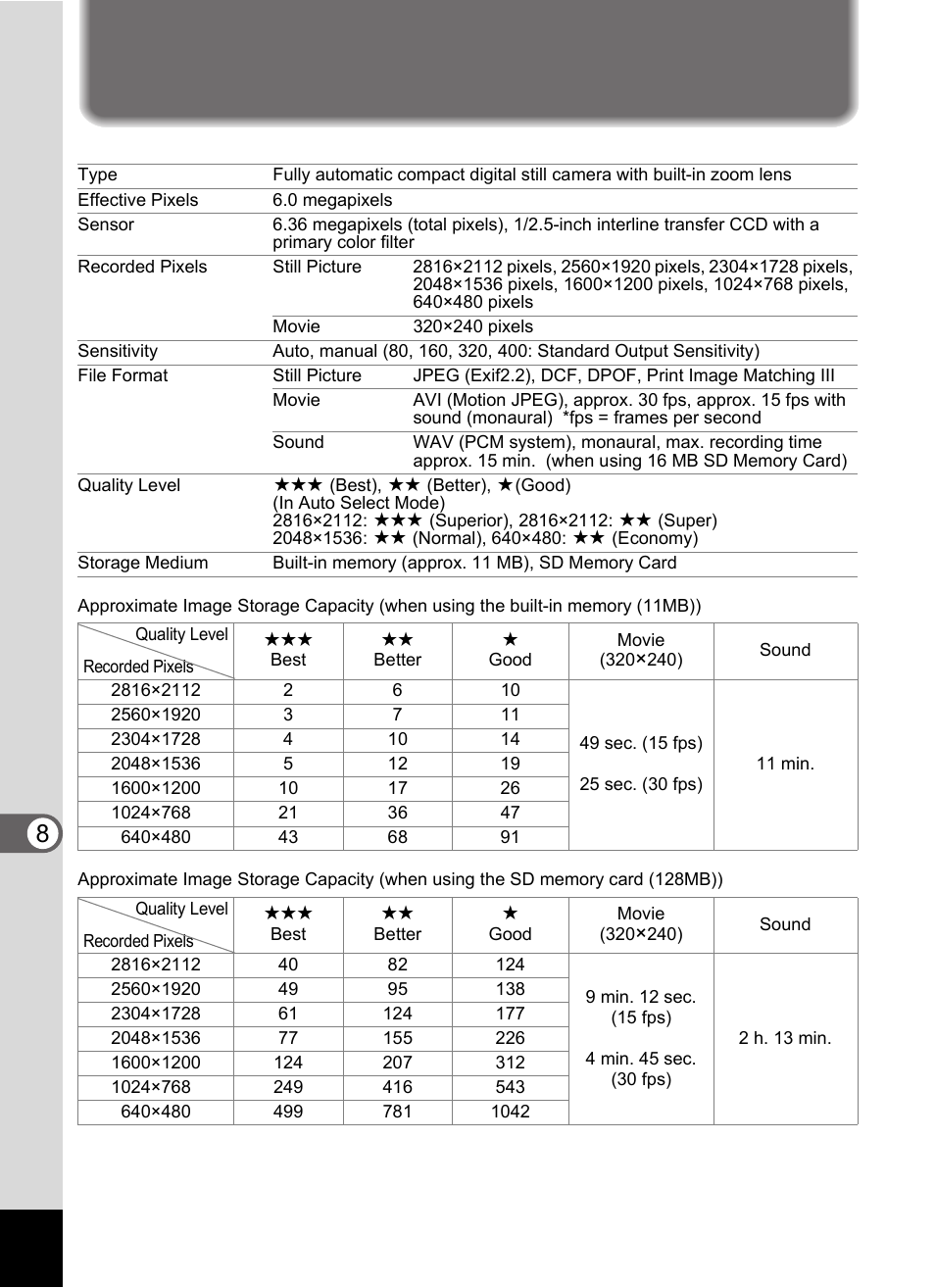 Main specifications, 8appe ndix | Pentax Optio S60 User Manual | Page 140 / 153