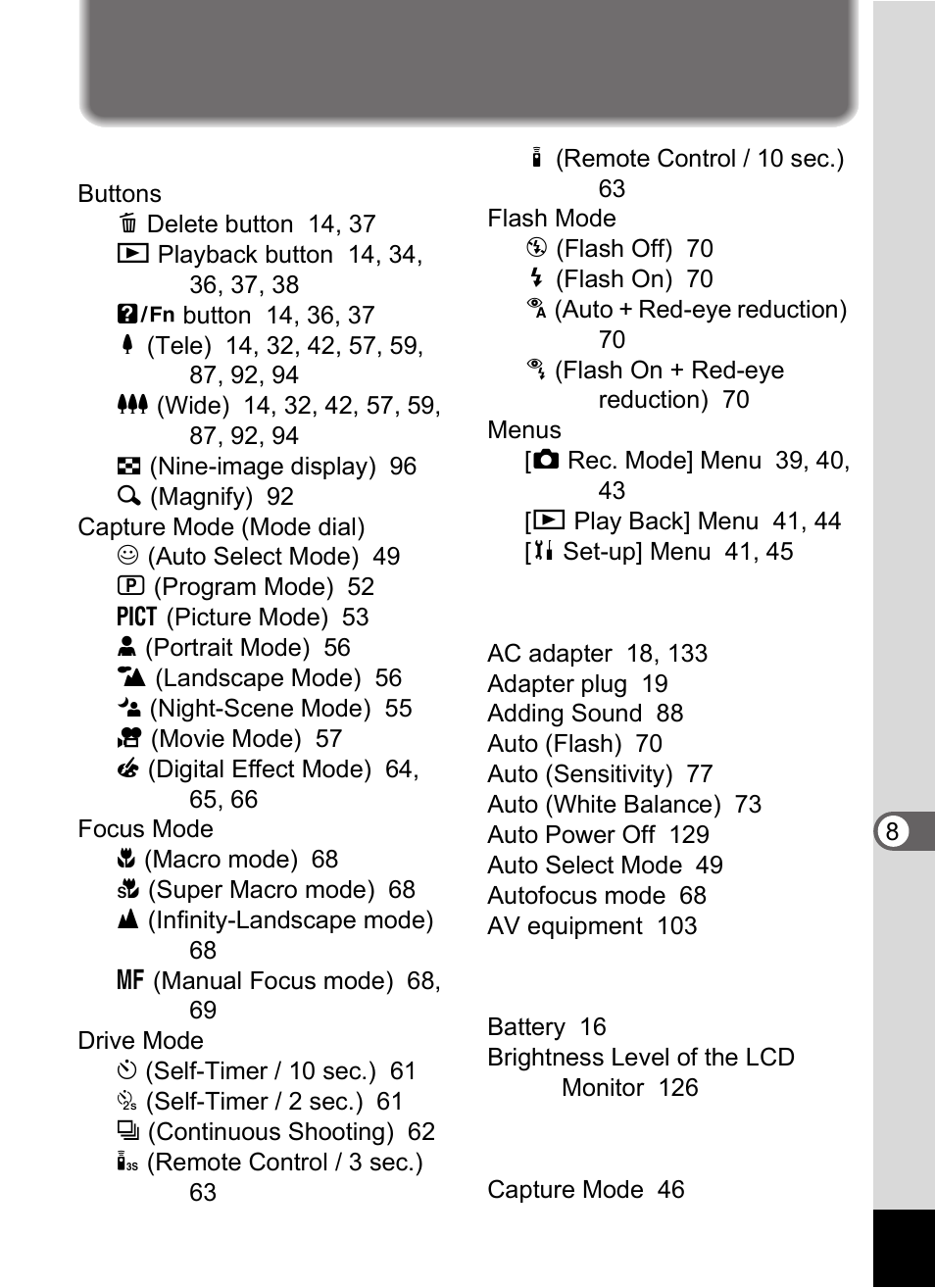 Index, Symbols | Pentax Optio S60 User Manual | Page 143 / 153