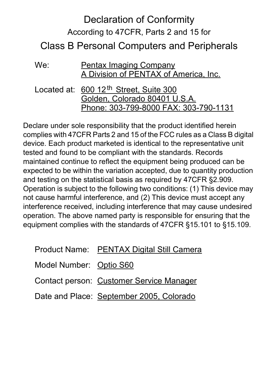 Declaration of conformity, Class b personal computers and peripherals | Pentax Optio S60 User Manual | Page 151 / 153