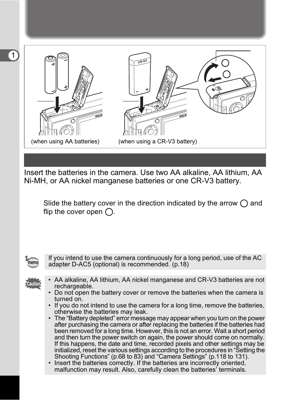Powering the camera, Installing the batteries | Pentax Optio S60 User Manual | Page 18 / 153