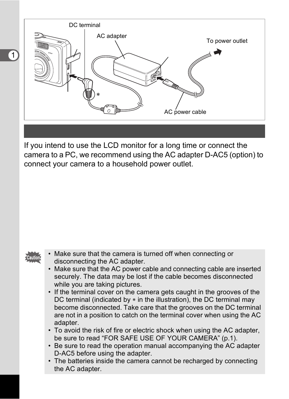 Using a household power outlet | Pentax Optio S60 User Manual | Page 20 / 153