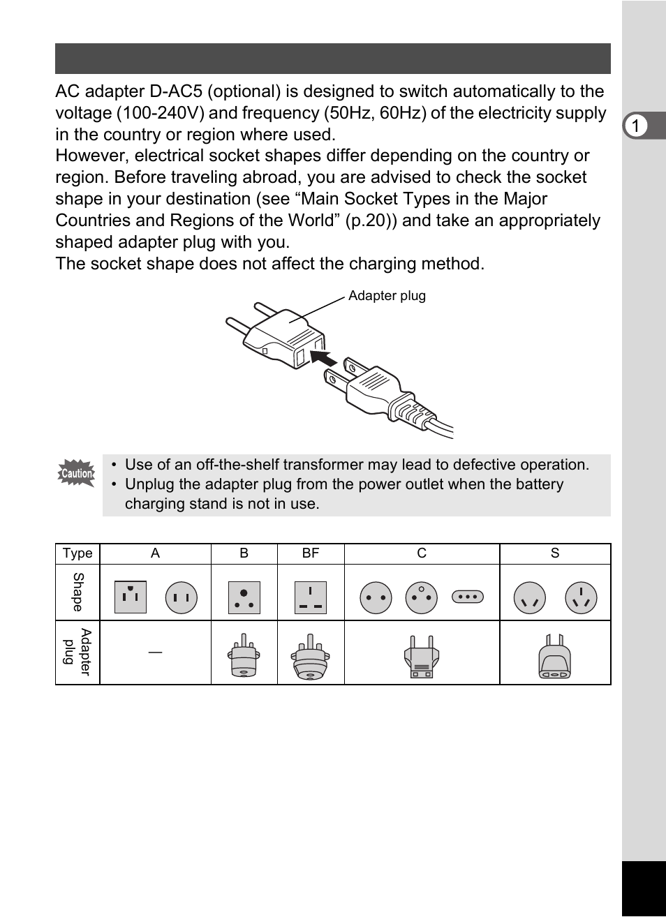 Using the ac adapter overseas | Pentax Optio S60 User Manual | Page 21 / 153