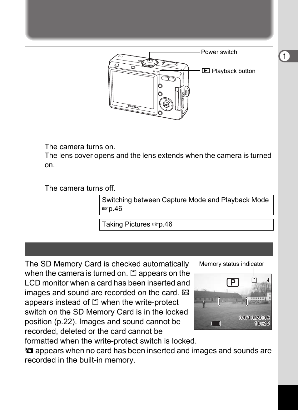 Turning the camera on and off 1, Press the power switch, Press the power switch again | Pentax Optio S60 User Manual | Page 27 / 153