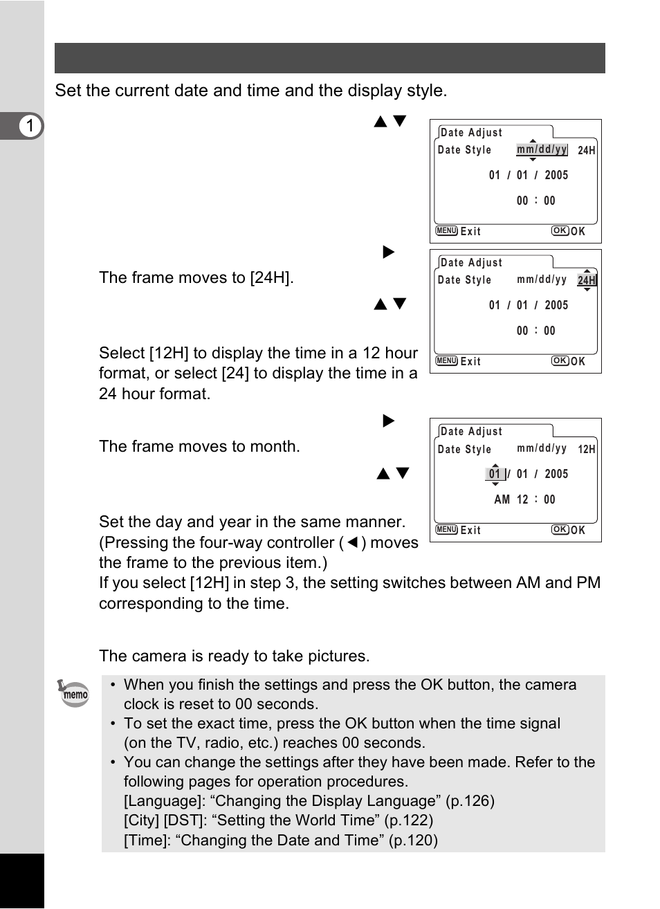 Setting the date and time, Press the four-way controller ( 5 ), Press the ok button | Pentax Optio S60 User Manual | Page 32 / 153