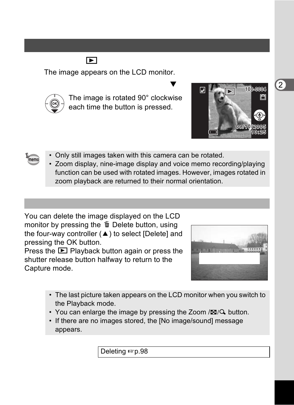 Rotating the displayed image, Press the q playback button after taking a picture, Press the four-way controller ( 3 ) | Pentax Optio S60 User Manual | Page 37 / 153