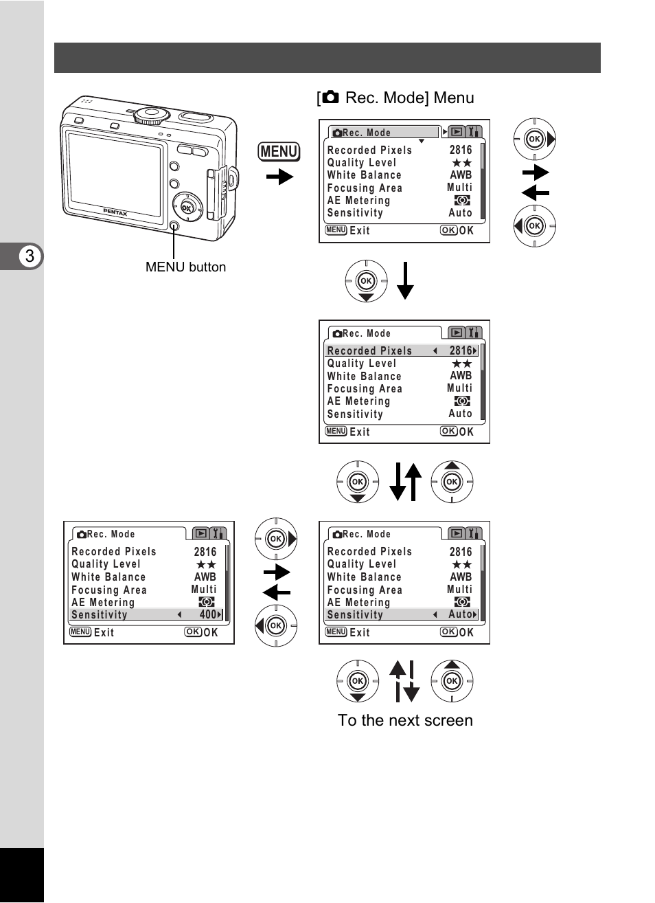 Example of menu operation, Com m on o p erati ons 3, Menu | Pentax Optio S60 User Manual | Page 42 / 153