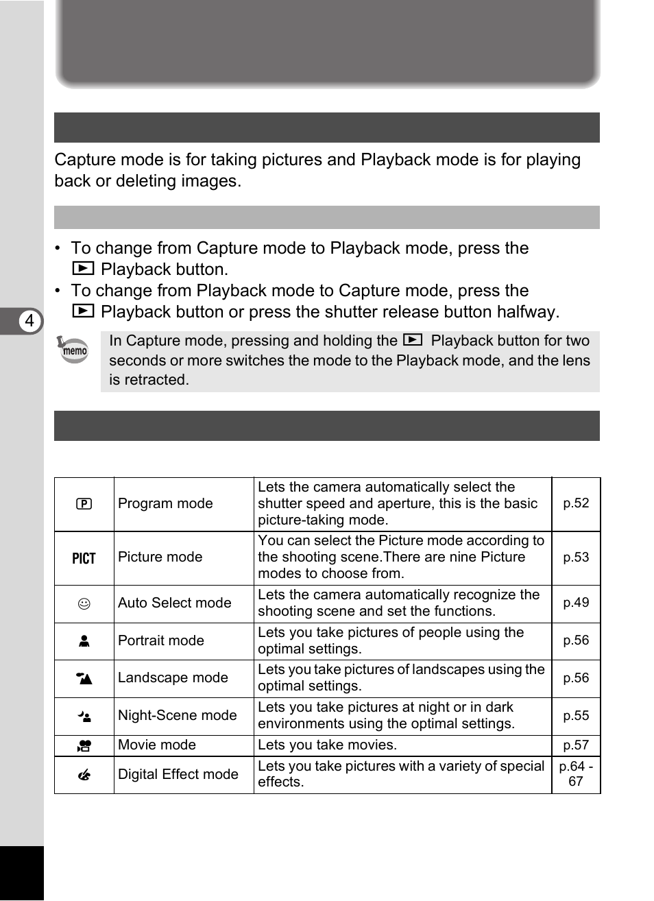 Changing the mode, Selecting the capture mode, Taking pictures | Pentax Optio S60 User Manual | Page 48 / 153