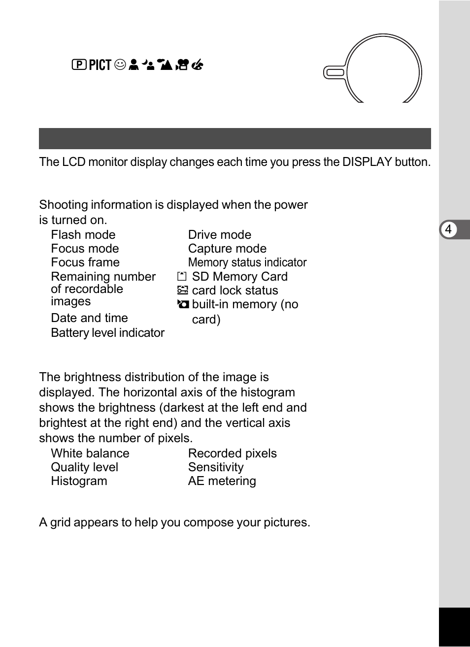 Displaying shooting information in capture mode | Pentax Optio S60 User Manual | Page 49 / 153