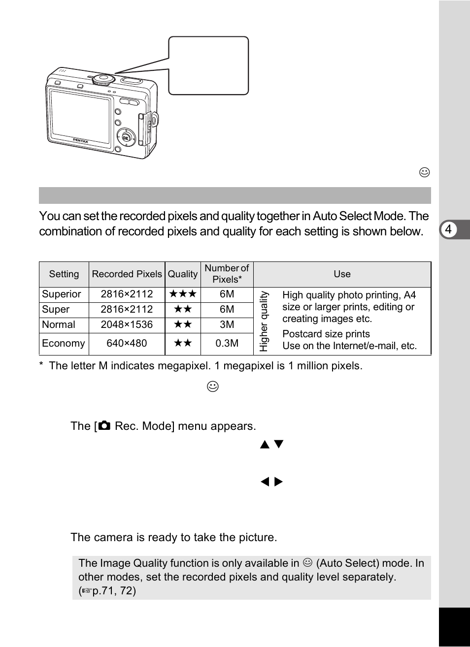 Set the mode dial to, Press the menu button in capture mode, Press the ok button | Pentax Optio S60 User Manual | Page 53 / 153