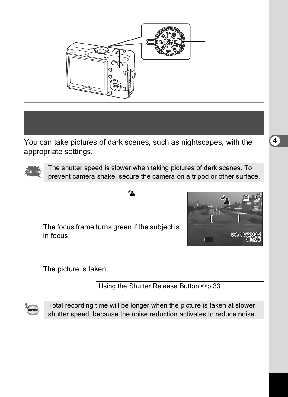 Taking pictures of dark scenes (night-scene mode) | Pentax Optio S60 User Manual | Page 57 / 153