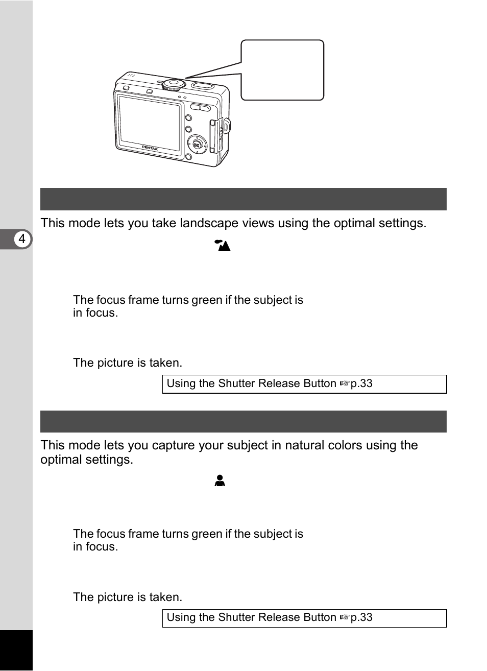 Taking landscape views (landscape mode), Taking portrait pictures (portrait mode) | Pentax Optio S60 User Manual | Page 58 / 153