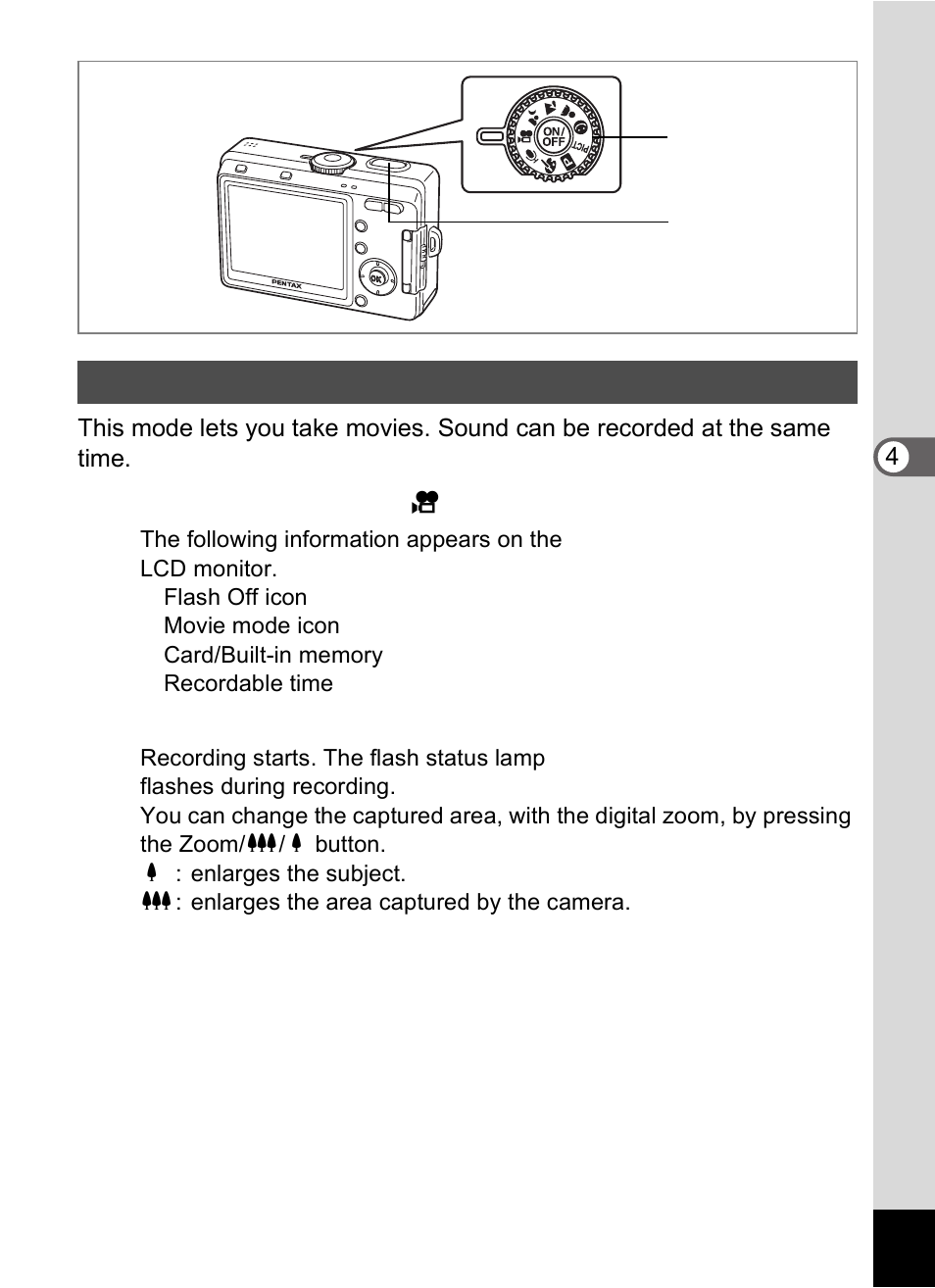 Taking movies (movie mode) | Pentax Optio S60 User Manual | Page 59 / 153