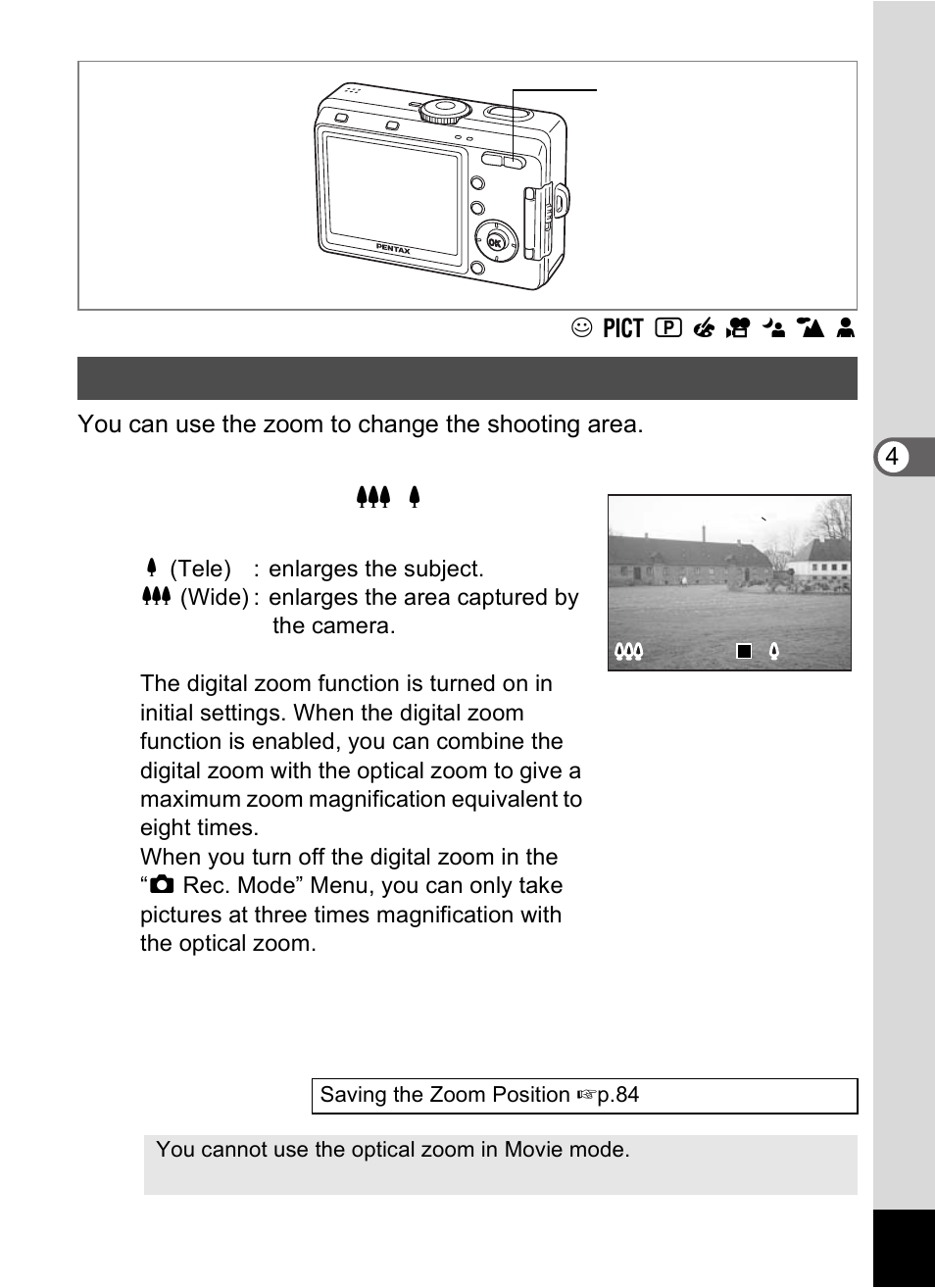 Using the zoom | Pentax Optio S60 User Manual | Page 61 / 153