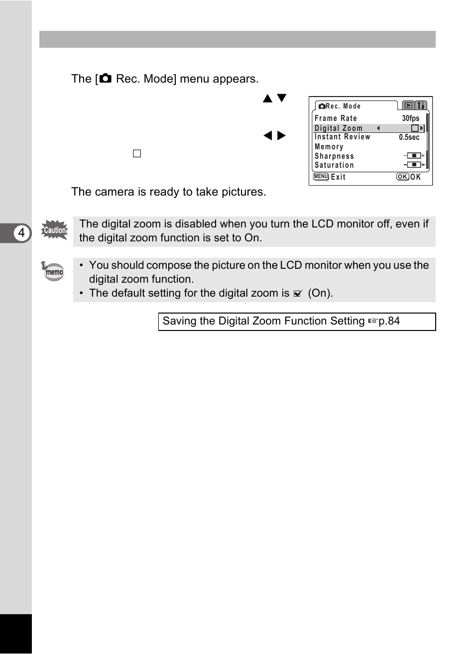 Press the menu button in capture mode, Press the ok button | Pentax Optio S60 User Manual | Page 62 / 153