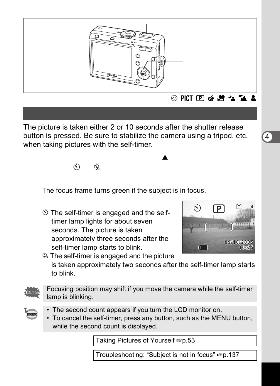 Using the self-timer, Press the shutter release button halfway, Press the shutter release button fully | Pentax Optio S60 User Manual | Page 63 / 153