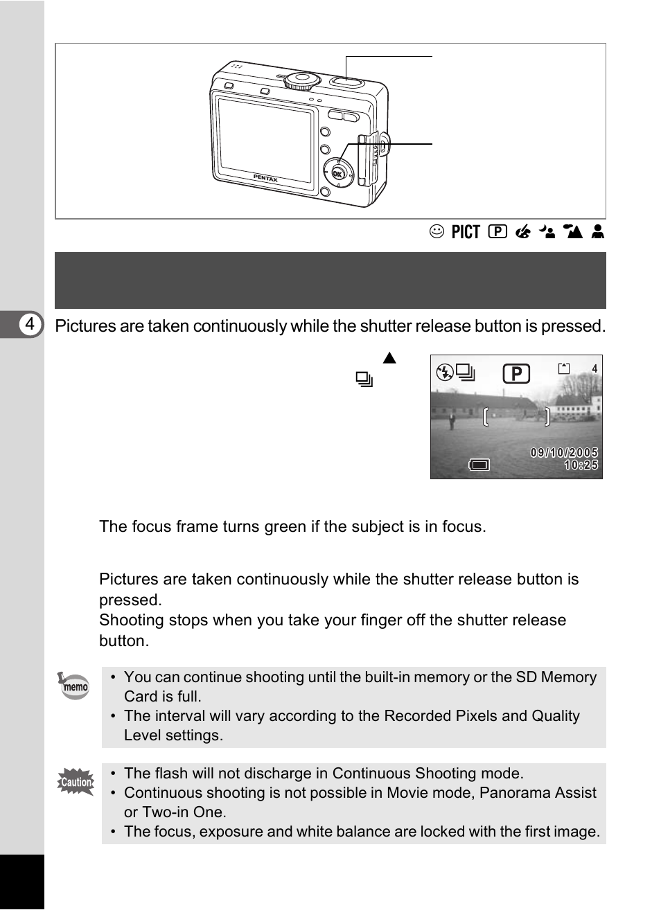 Continuous shooting (continuous shooting mode) | Pentax Optio S60 User Manual | Page 64 / 153