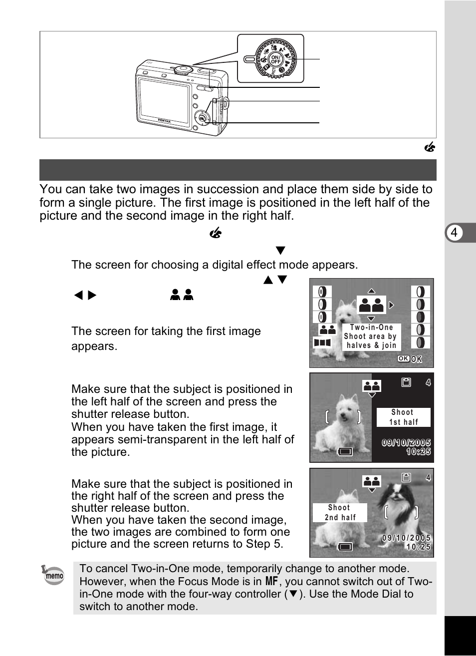 Taking two-in-one pictures (two-in-one mode), Set the mode dial to, Press the four-way controller ( 3 ) | Press the ok button, Take the first image, Take the second image | Pentax Optio S60 User Manual | Page 67 / 153