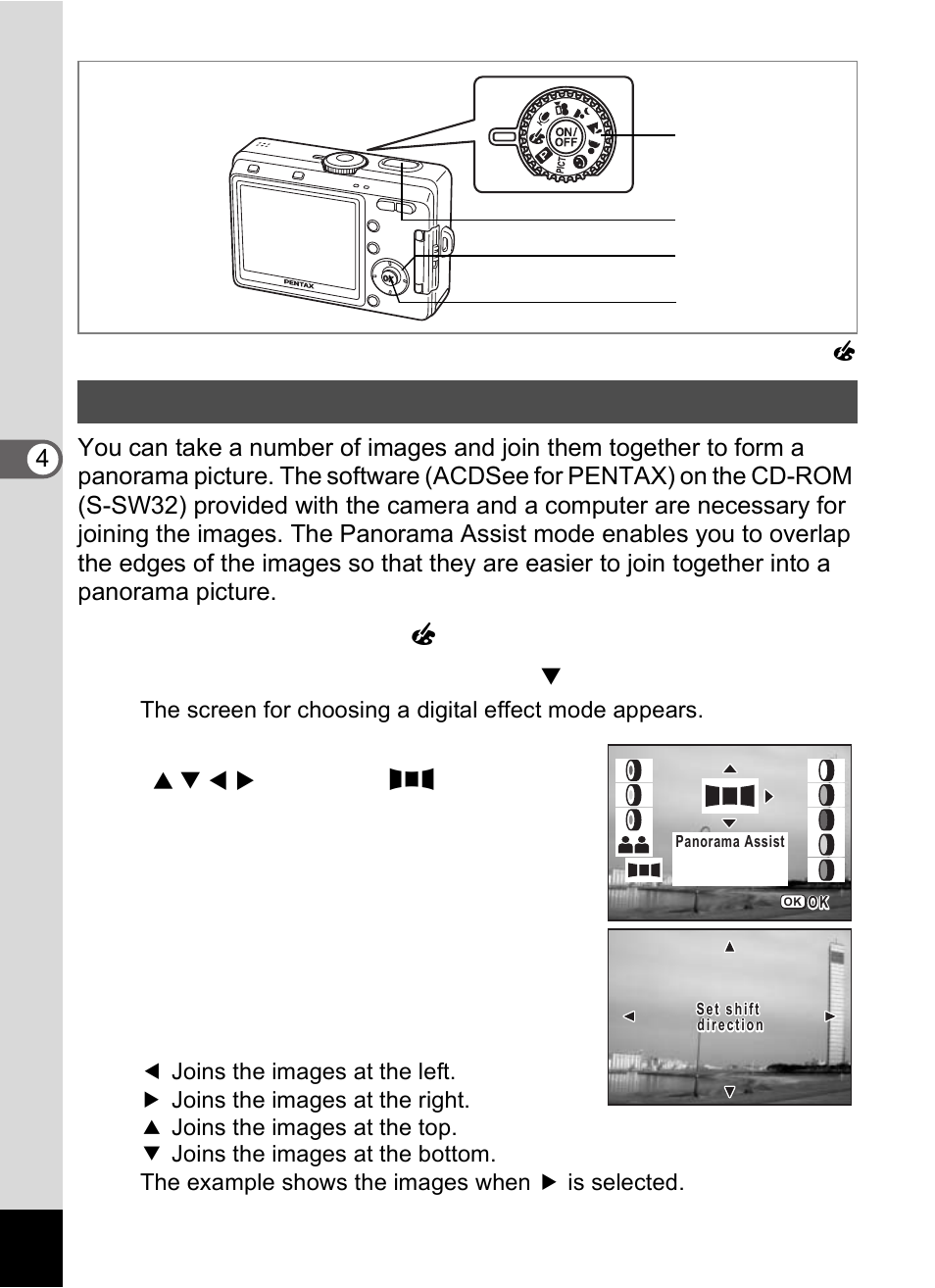 Taking panorama pictures (panorama assist mode) | Pentax Optio S60 User Manual | Page 68 / 153