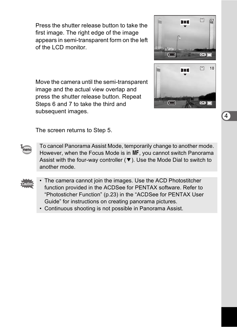 Take the first image, Press the ok button | Pentax Optio S60 User Manual | Page 69 / 153