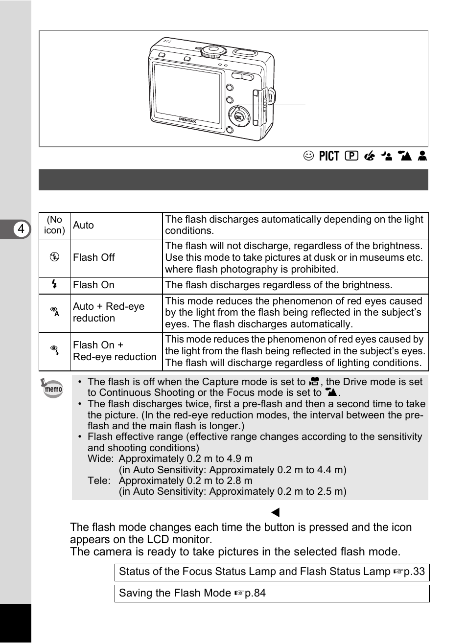 Selecting the flash mode | Pentax Optio S60 User Manual | Page 72 / 153