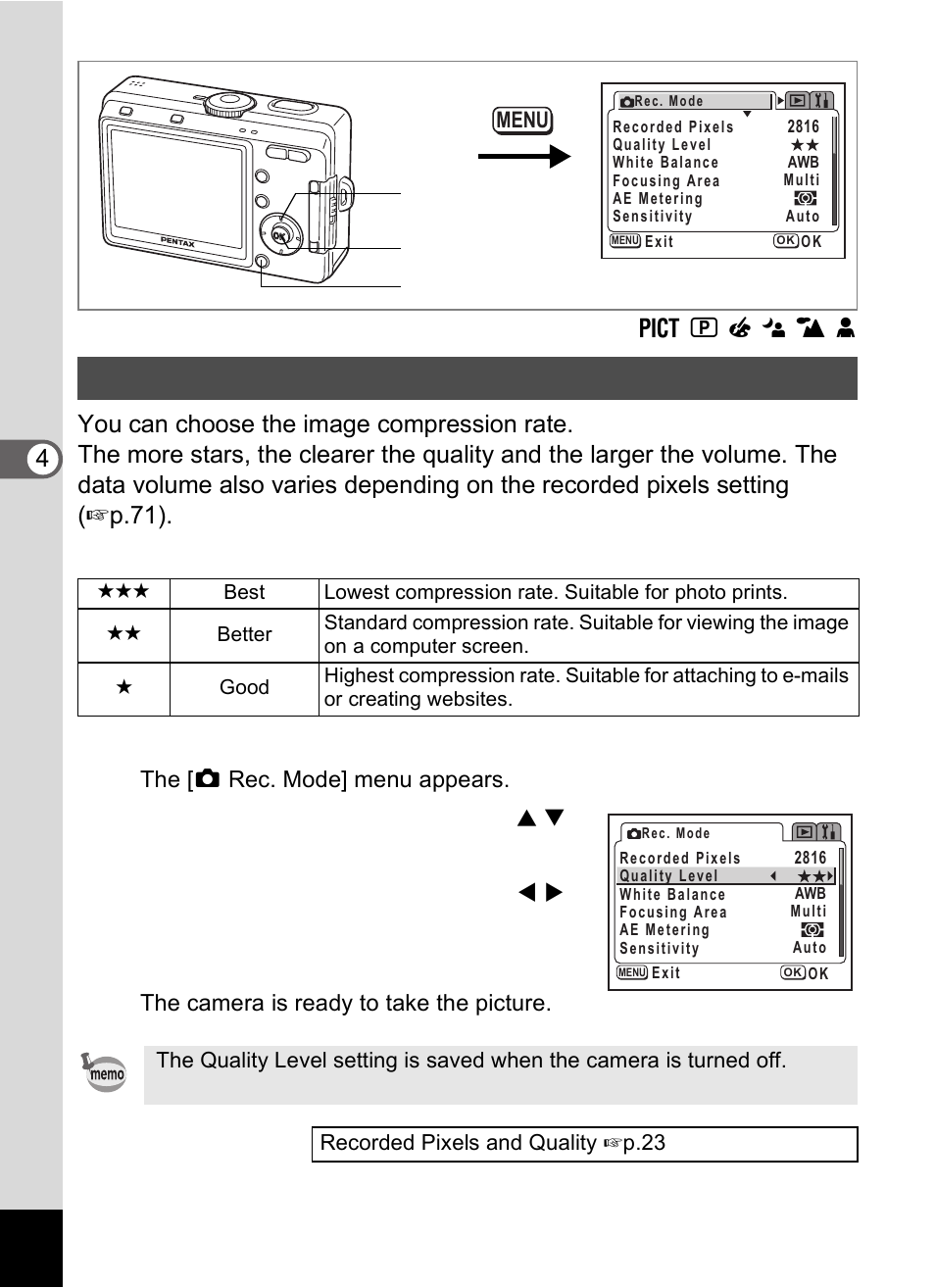 Selecting the quality level, Press the menu button in capture mode, Press the ok button | Pentax Optio S60 User Manual | Page 74 / 153