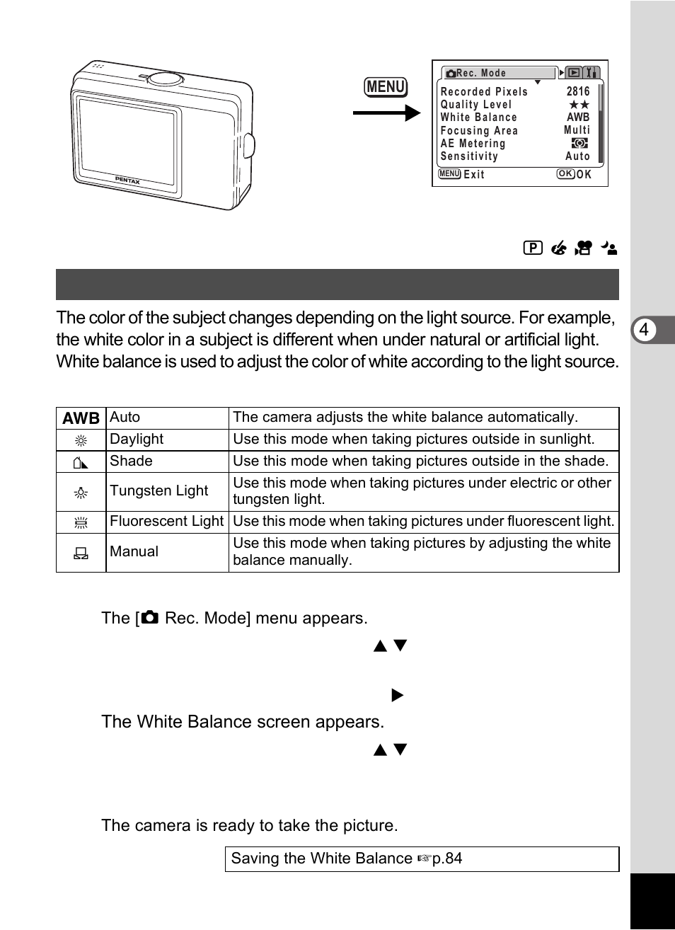 Adjusting the white balance, Press the menu button in capture mode, Press the four-way controller ( 5 ) | Press the ok button twice | Pentax Optio S60 User Manual | Page 75 / 153