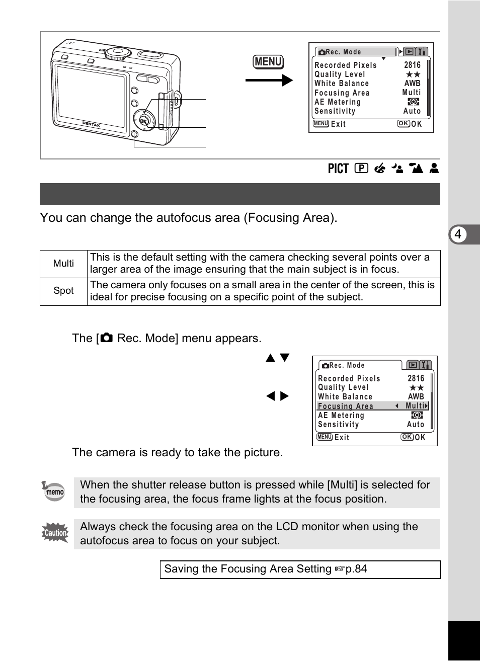 Changing the focusing area, Press the menu button in capture mode, Press the ok button | Pentax Optio S60 User Manual | Page 77 / 153