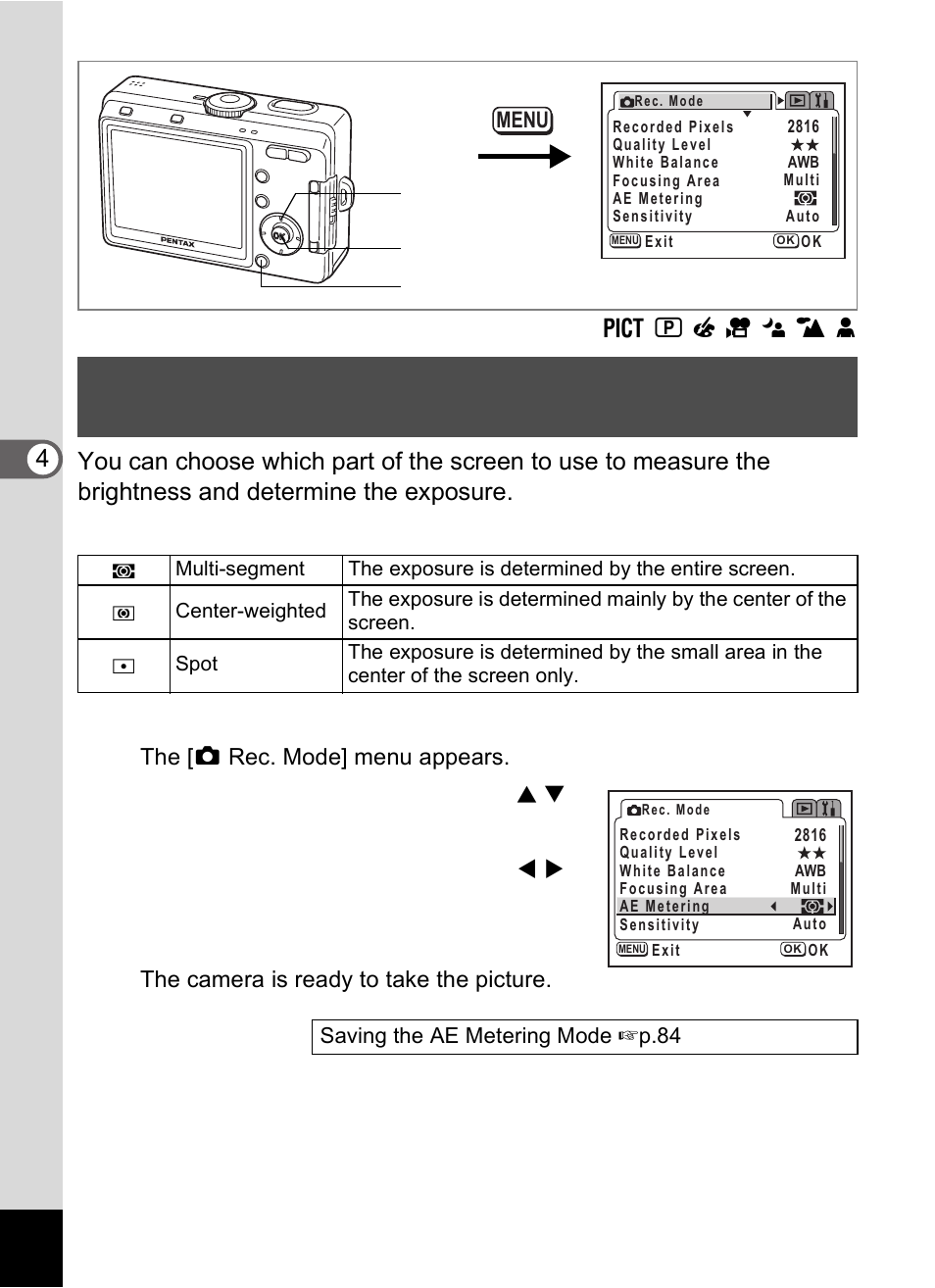 Press the menu button in capture mode, Press the ok button | Pentax Optio S60 User Manual | Page 78 / 153