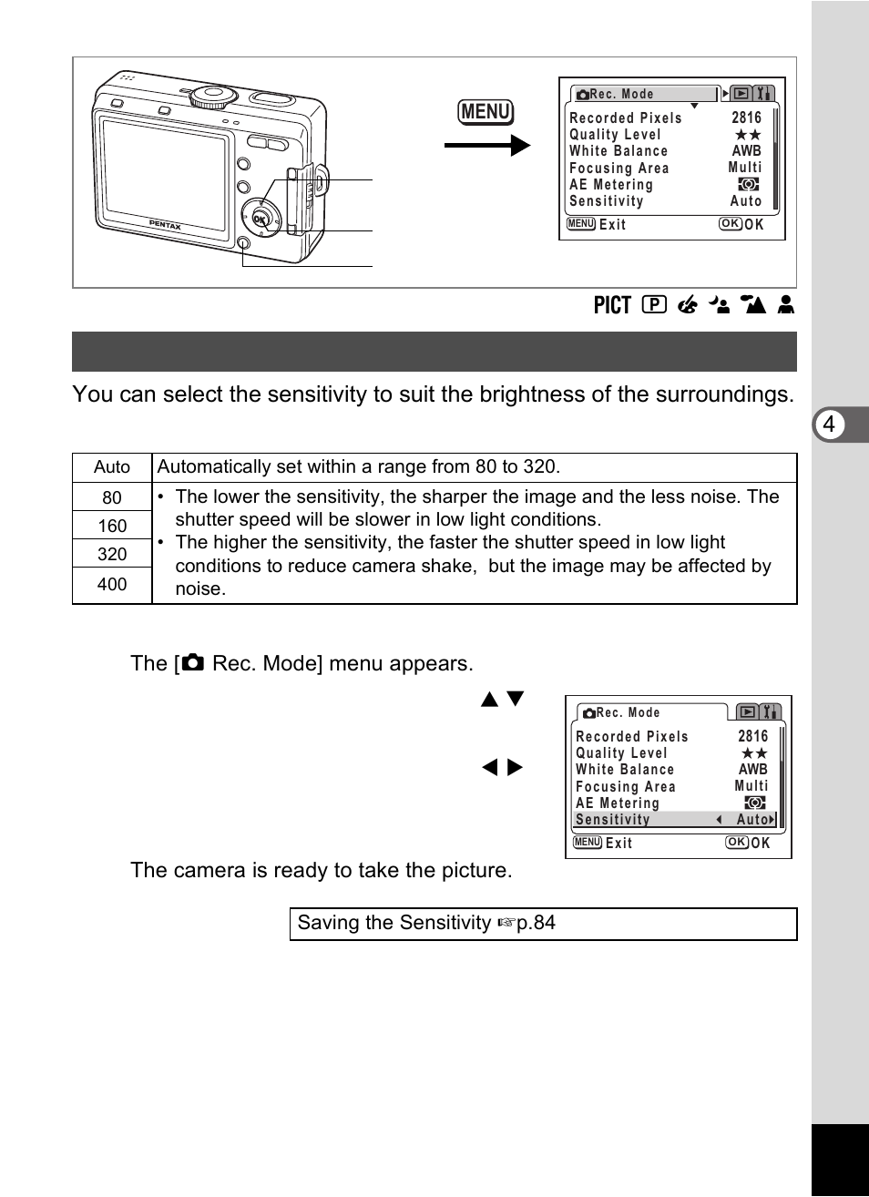 Setting the sensitivity, Press the menu button in capture mode, Press the ok button | Pentax Optio S60 User Manual | Page 79 / 153