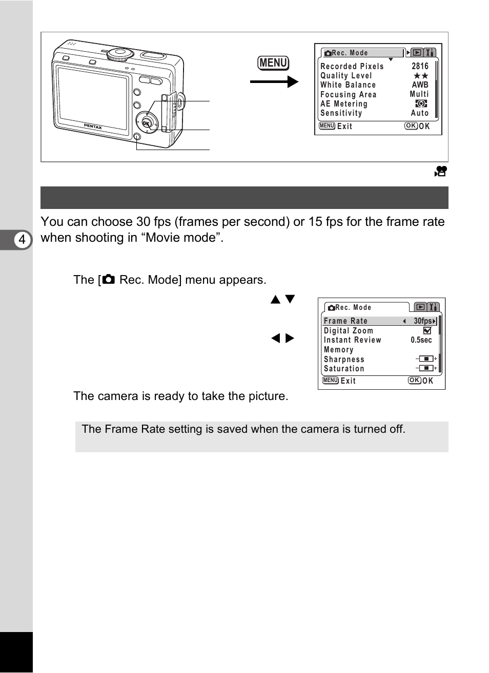 Setting the frame rate, Press the menu button in capture mode, Press the ok button | Pentax Optio S60 User Manual | Page 80 / 153